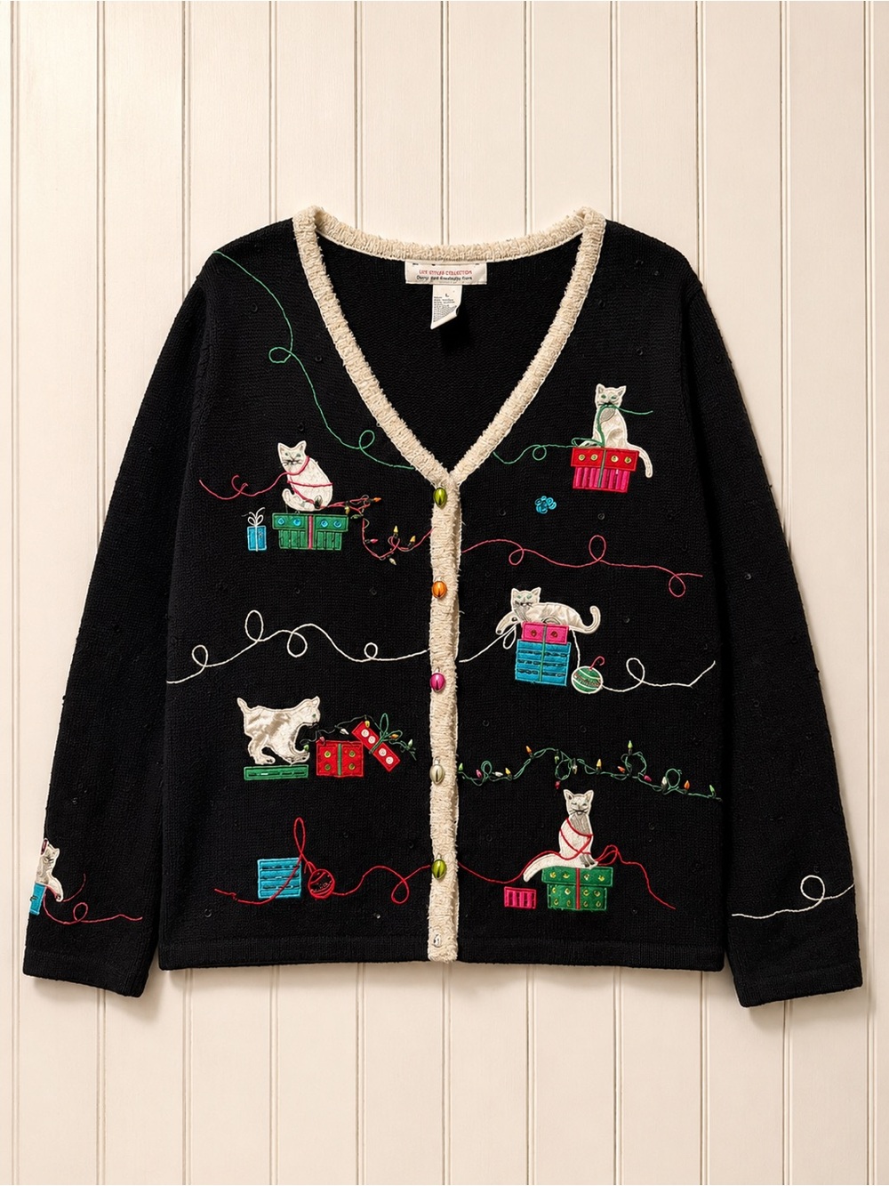 Vintage Black Cat Embroidered Cardigan Sweater - Holiday Style